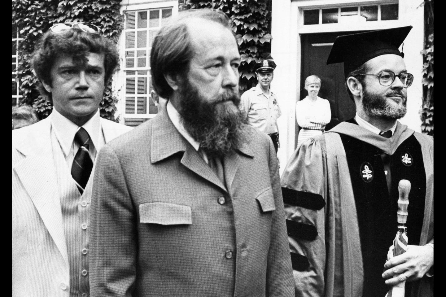 Russian novelist Aleksandr Solzhenitsyn stood with Harvard University Dean Edward L. Keenan, right, during the 1978 Harvard commencement on Jun. 8, 1978.