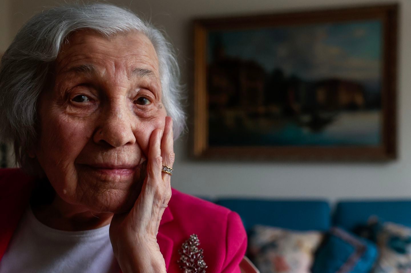 Zecil Gravitz sat for a portrait at her home at  Orchard Cove, a retirement community in Canton, on April 30. The 102-year-old was recently honored by the town of Canton for her service in World War II. She was one of the first Jewish women accepted for a Women’s Auxiliary Volunteer Emergency Service (WAVES) officer position. After attending a training program at Smith College, she was assigned to the US Naval Academy in Annapolis, Md.