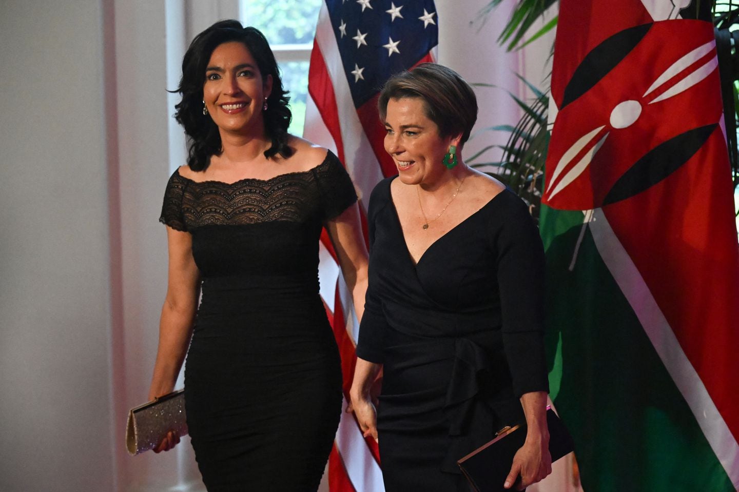 Governor Maura Healey and her partner Joanna Lydgate arrive at the Booksellers Room of the White House for the state dinner with the Kenyan president.