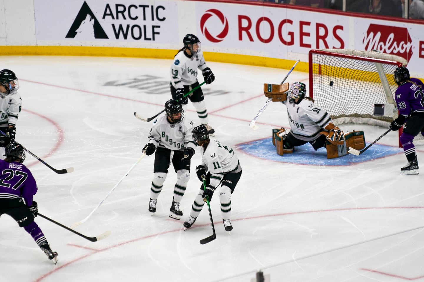 Minnesota forward Taylor Heise (27) scores a goal against Boston during the first period of Game 3 of the PWHL's Walter Cup finals.