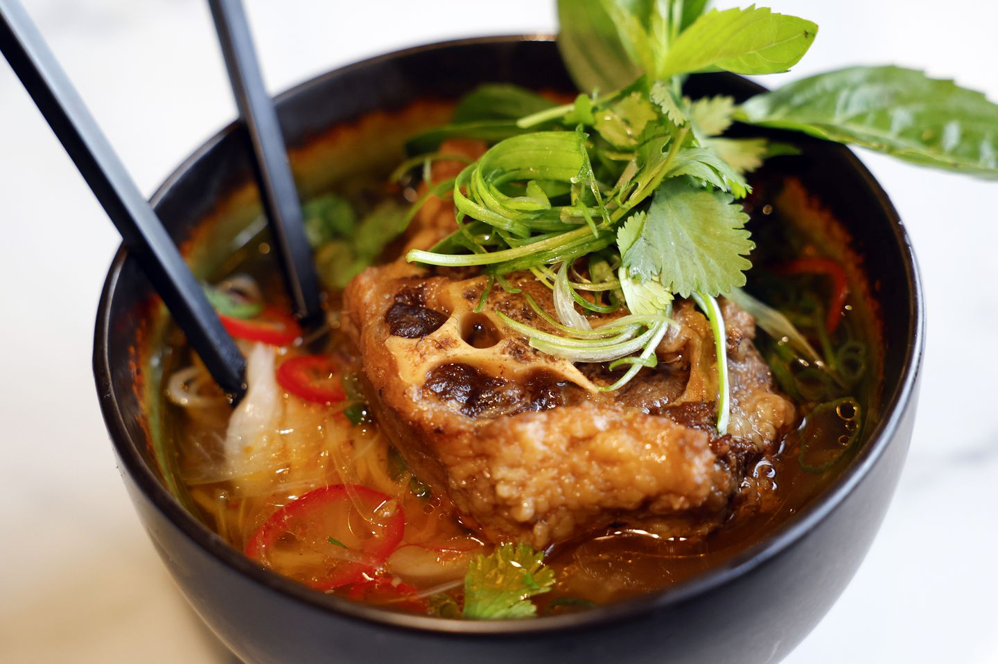 The oxtail pho with bone marrow at Le Madeline in Quincy.