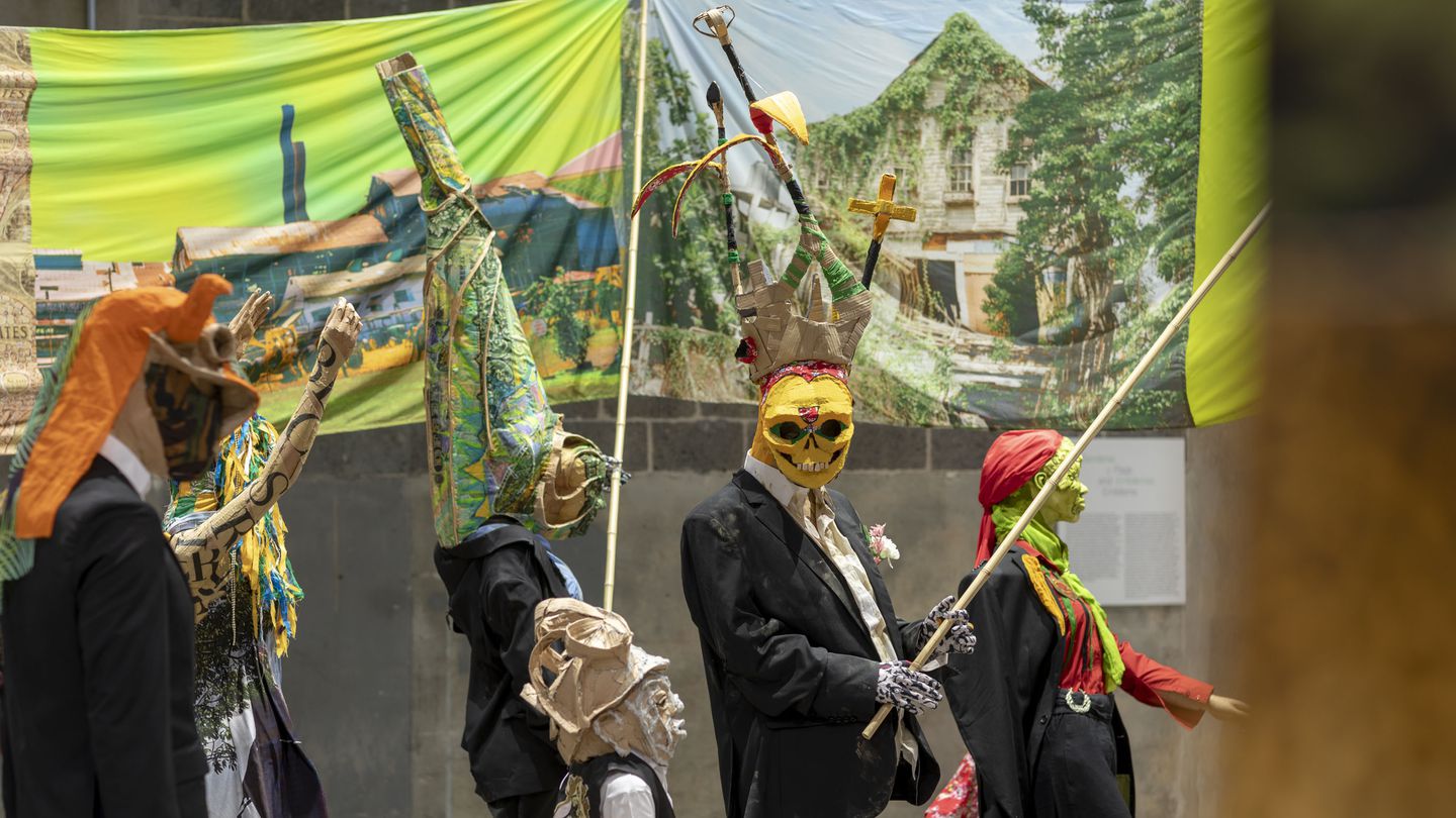 Hew Locke, "The Procession," Tate Britain Commission 2022. Installation view, the Institute of Contemporary Art/Boston, 2024.